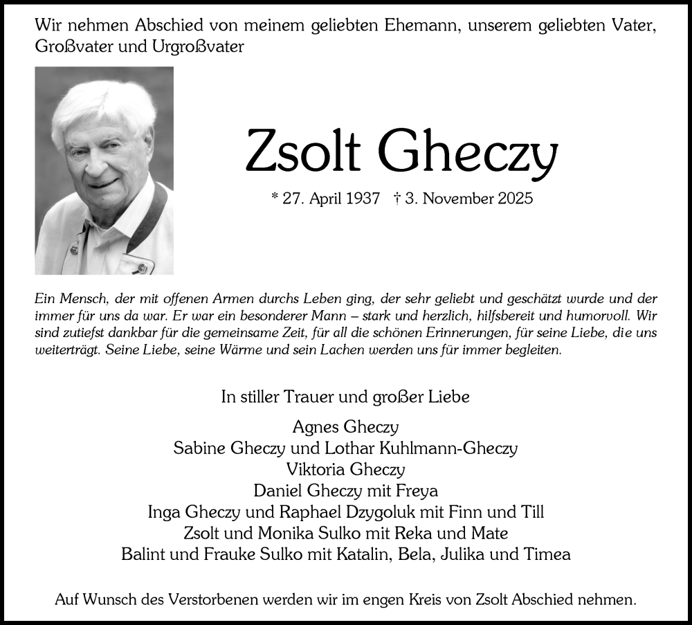  Traueranzeige für Zsolt Gheczy vom 08.11.2025 aus Wiesbadener Kurier