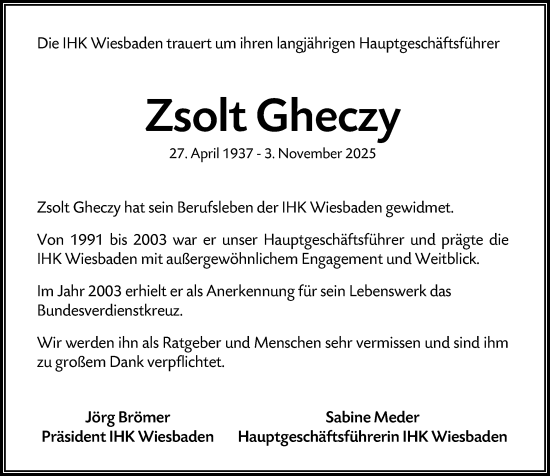 Traueranzeige von Zsolt Gheczy von Wiesbadener Kurier