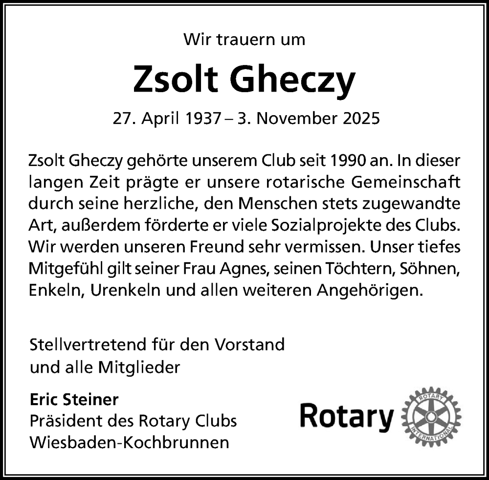  Traueranzeige für Zsolt Gheczy vom 08.11.2025 aus Wiesbadener Kurier