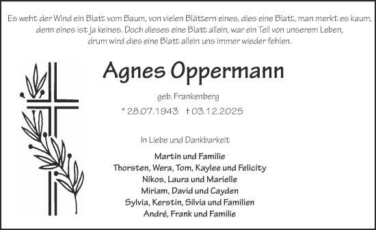 Traueranzeige von Agnes Oppermann von Darmstädter Echo