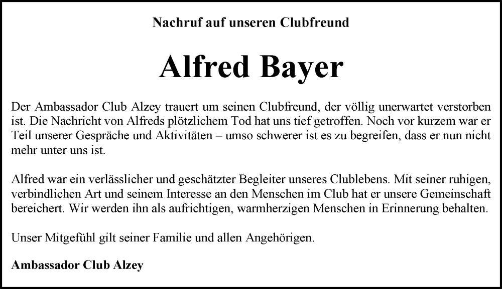  Traueranzeige für Alfred Bayer vom 10.12.2025 aus Allgemeine Zeitung Alzey