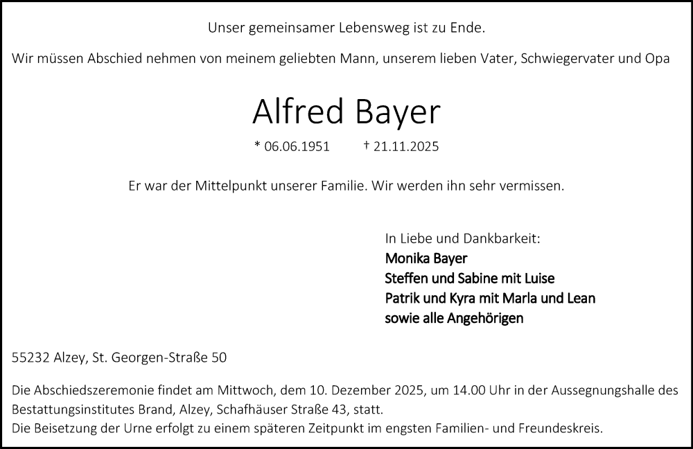  Traueranzeige für Alfred Bayer vom 06.12.2025 aus Allgemeine Zeitung Alzey