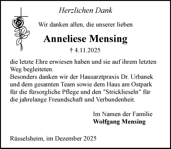 Traueranzeige von Anneliese Mensing von Rüsselsheimer Echo