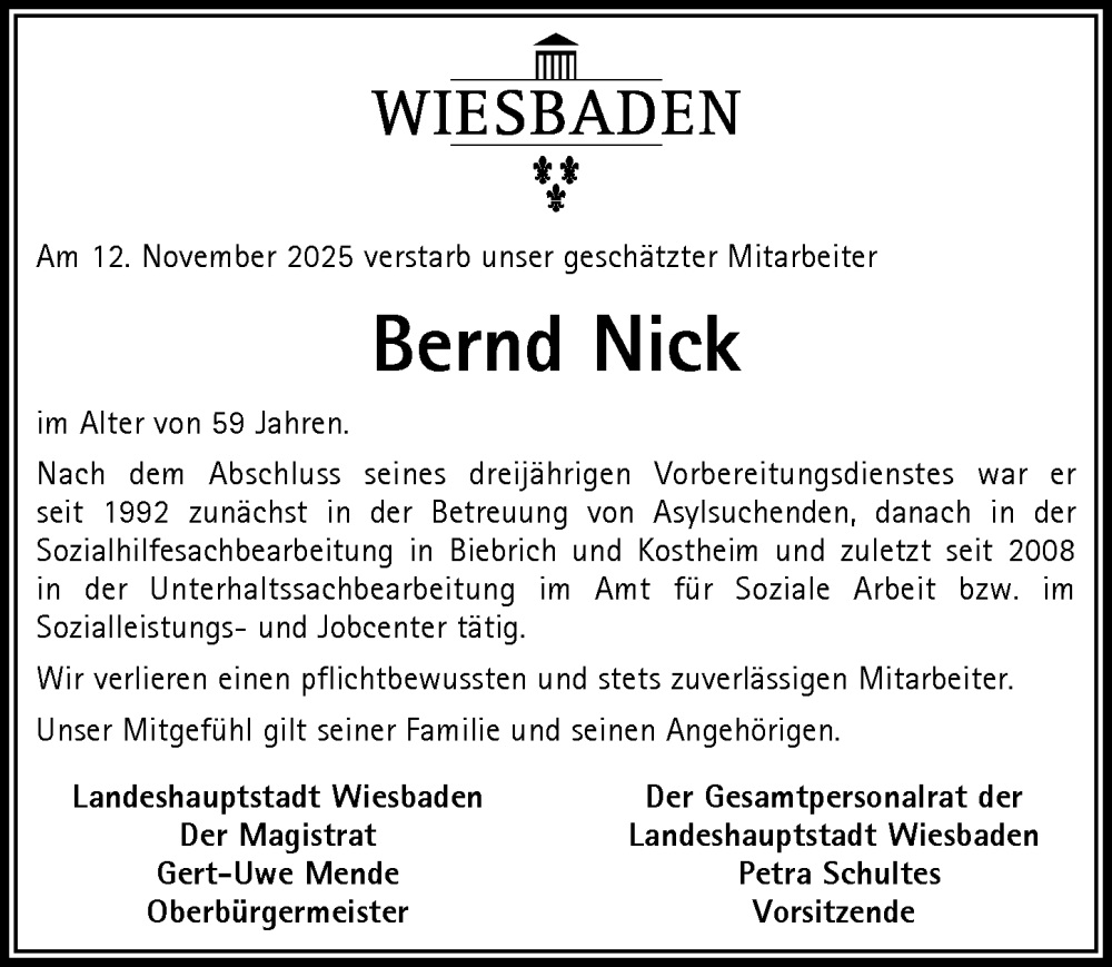  Traueranzeige für Bernd Nick vom 06.12.2025 aus Wiesbadener Kurier