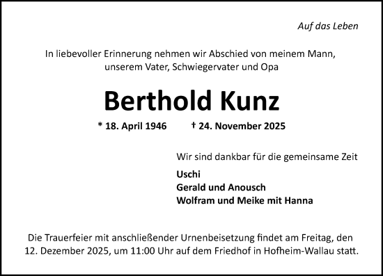 Traueranzeige von Berthold Kunz von Wiesbadener Kurier