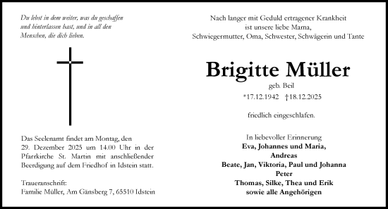 Traueranzeige von Brigitte Müller von Idsteiner Land/Untertaunus