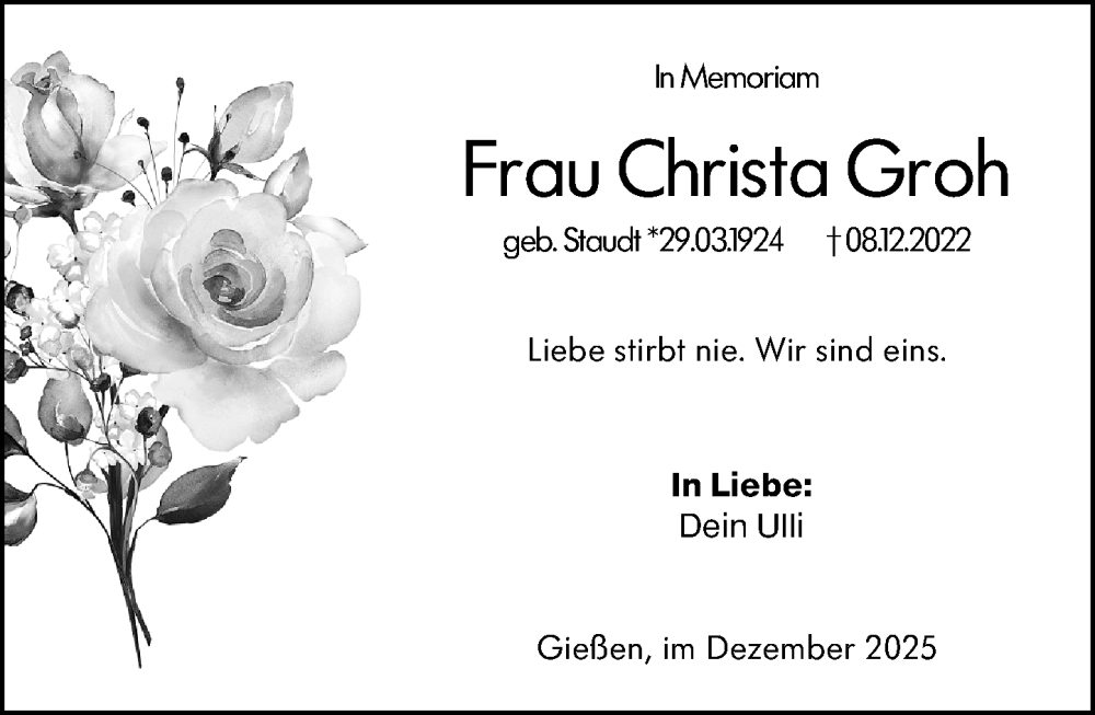  Traueranzeige für Christa Groh vom 08.12.2025 aus Wetzlarer Neue Zeitung