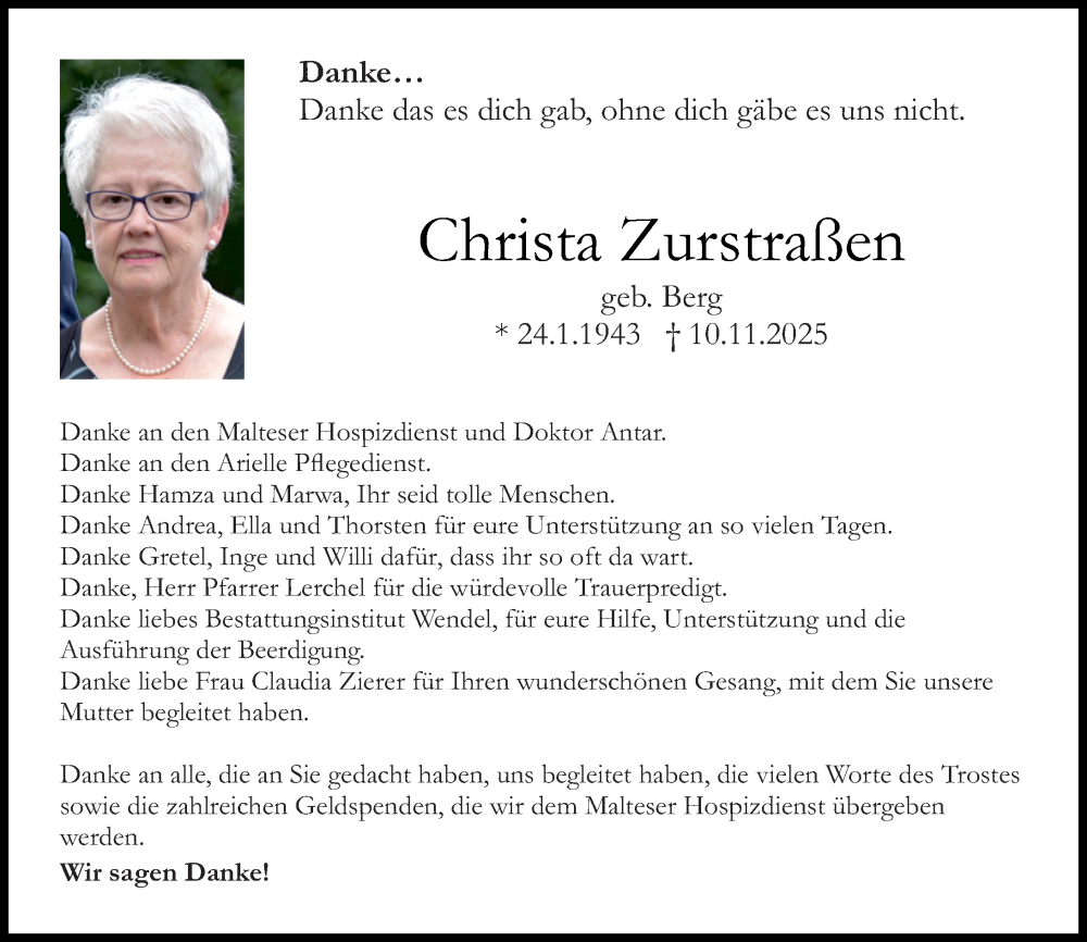  Traueranzeige für Christa Zurstraßen vom 13.12.2025 aus Binger-/Ingelheimer Wochenblatt