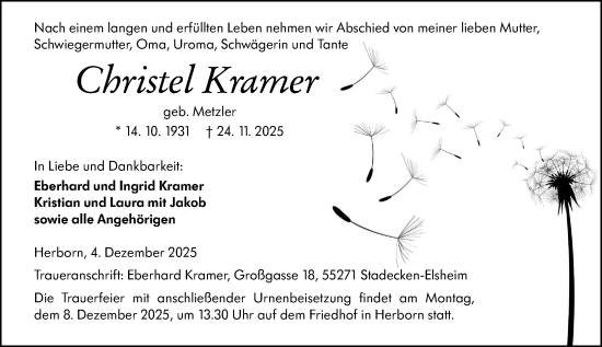 Traueranzeige von Christel Kramer von Dill Block