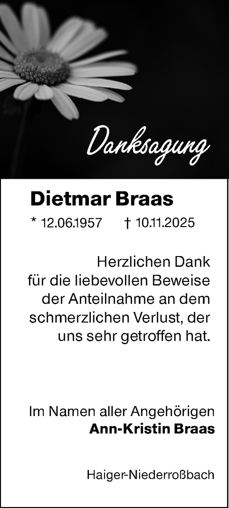 Traueranzeige von Dietmar Braas von Dill Block