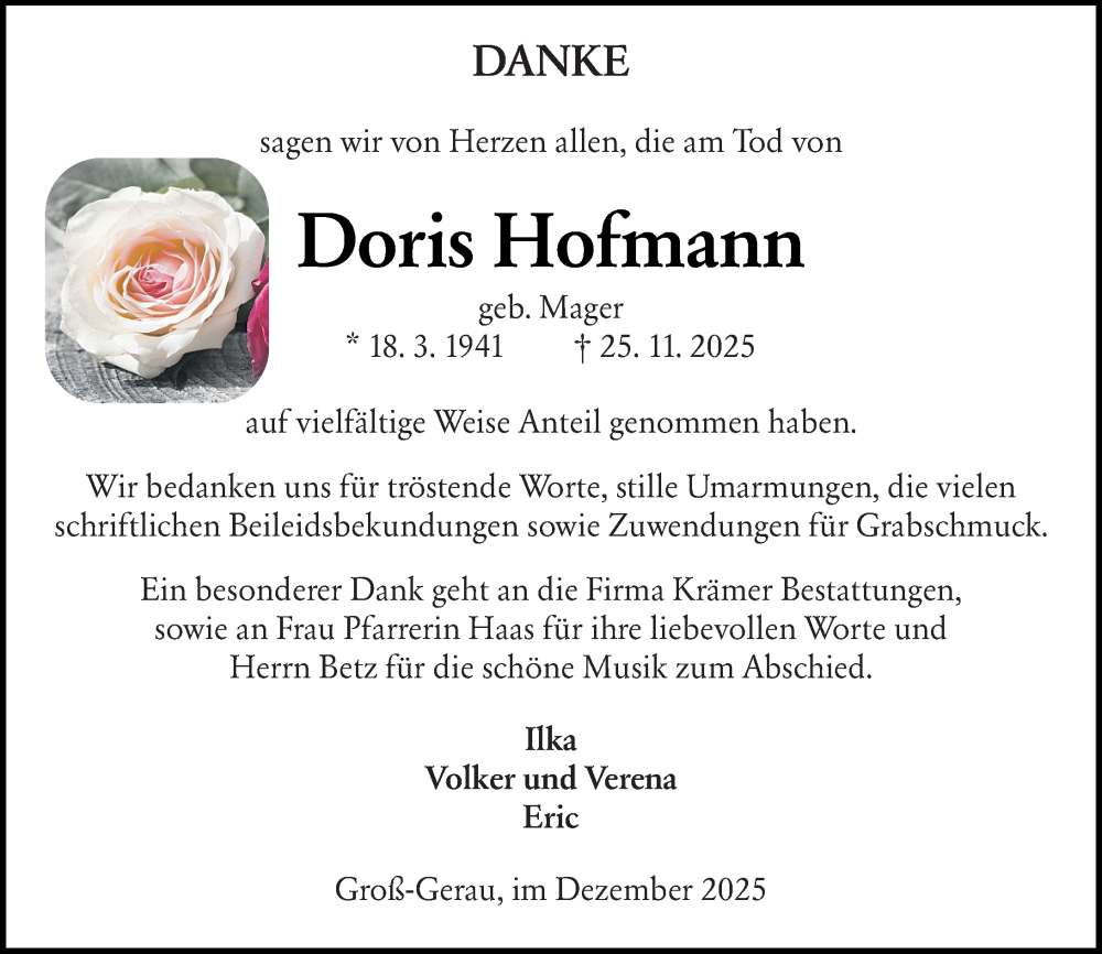  Traueranzeige für Doris Hofmann vom 20.12.2025 aus Groß-Gerauer Echo