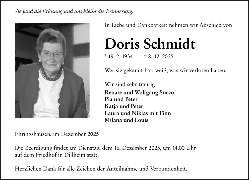  Traueranzeige für Doris Schmidt vom 13.12.2025 aus Wetzlarer Neue Zeitung