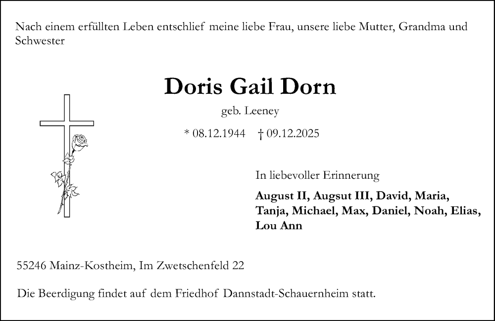  Traueranzeige für Doris Gail Dorn vom 13.12.2025 aus Allgemeine Zeitung Mainz
