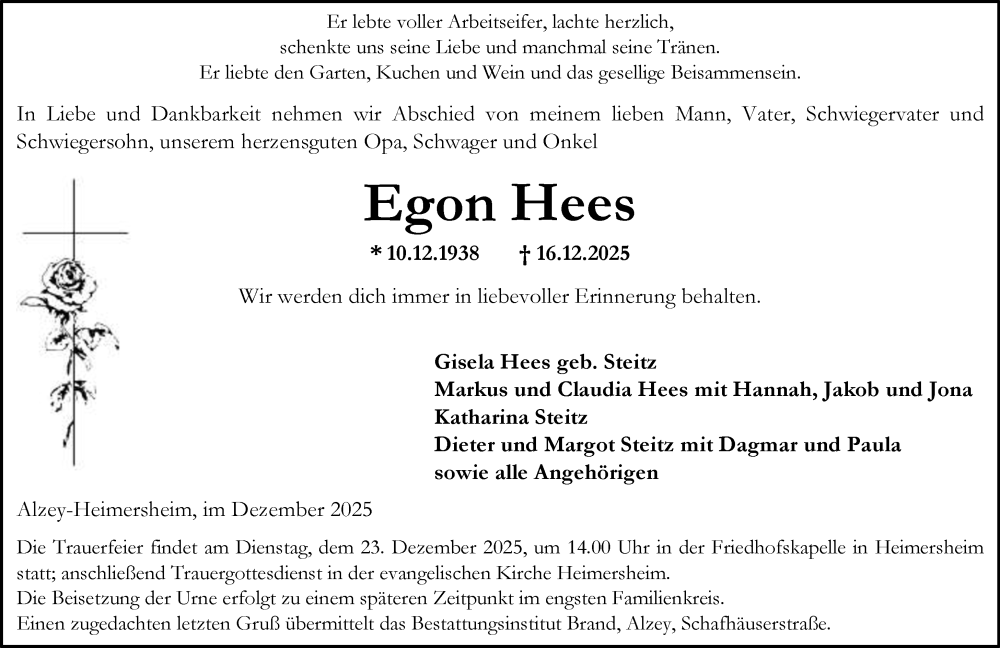  Traueranzeige für Egon Hees vom 20.12.2025 aus Allgemeine Zeitung Alzey