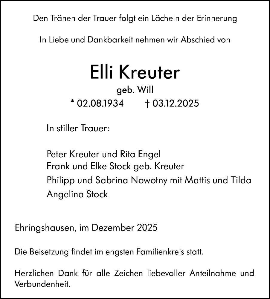  Traueranzeige für Elli Kreuter vom 09.12.2025 aus Wetzlarer Neue Zeitung
