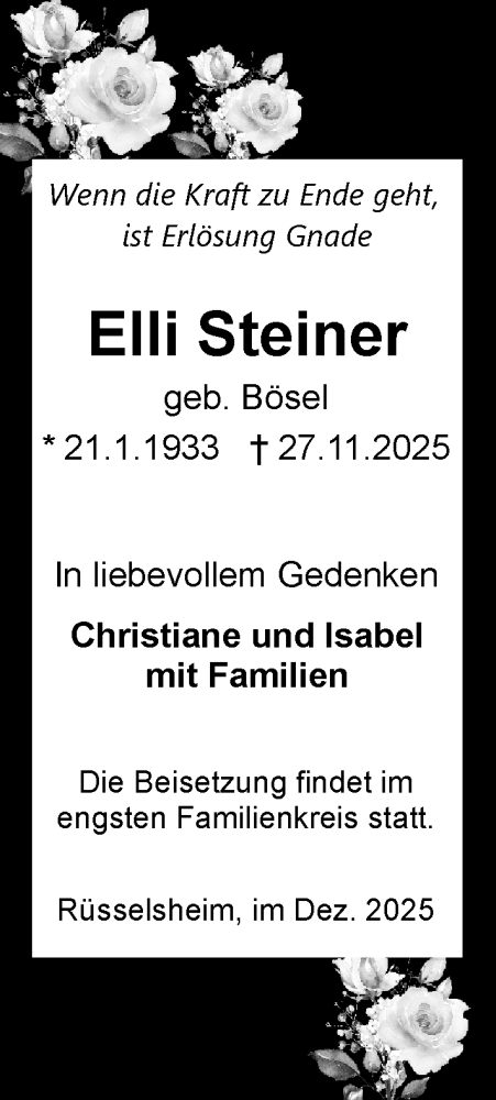  Traueranzeige für Elli Steiner vom 06.12.2025 aus Rüsselsheimer Echo