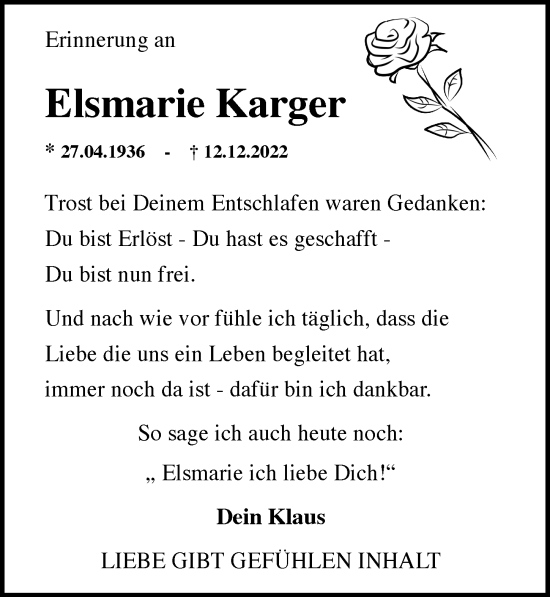 Traueranzeige von Elsmarie Karger von Rheingau Kurier