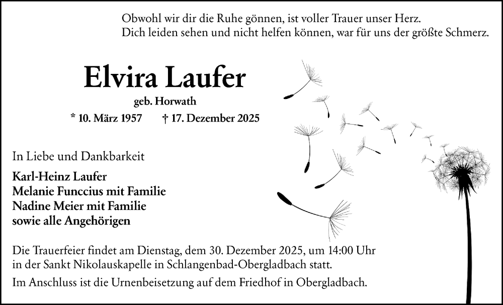  Traueranzeige für Elvira Laufer vom 20.12.2025 aus Wiesbadener Kurier