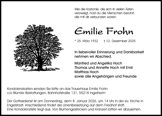 Traueranzeige von Emilie Frohn von Allgemeine Zeitung Rheinhessen-Nahe