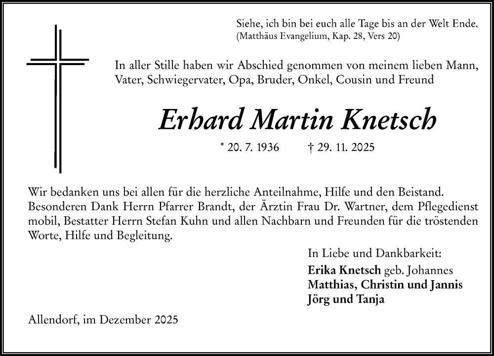  Traueranzeige für Erhard Martin Knetsch vom 13.12.2025 aus Wetzlarer Neue Zeitung
