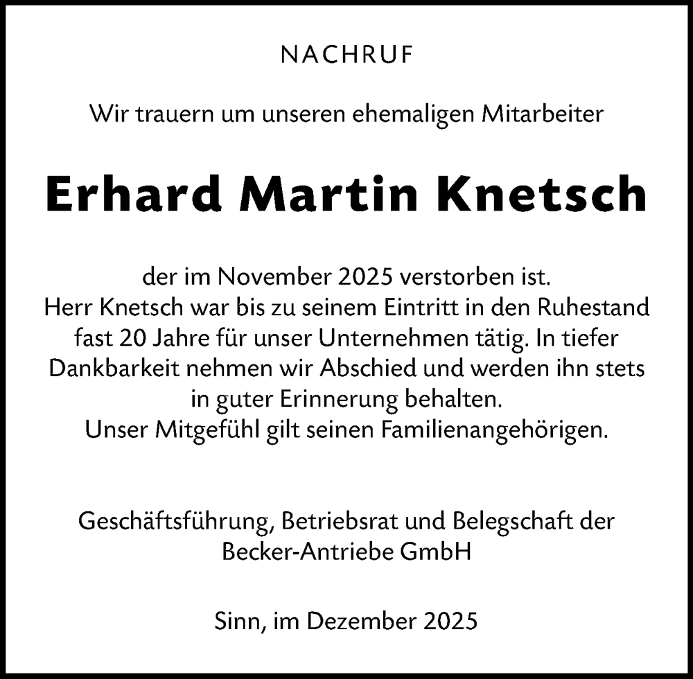  Traueranzeige für Erhard Martin Knetsch vom 16.12.2025 aus Dill Block