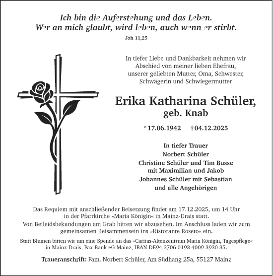Traueranzeige von Erika Katharina Schüler von Allgemeine Zeitung Mainz