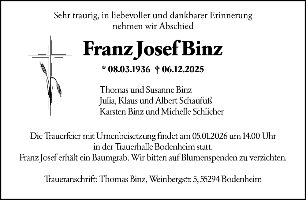  Traueranzeige für Franz Josef Binz vom 20.12.2025 aus Allgemeine Zeitung Mainz