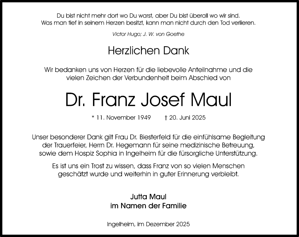  Traueranzeige für Franz Josef Maul vom 06.12.2025 aus Allgemeine Zeitung Rheinhessen-Nahe
