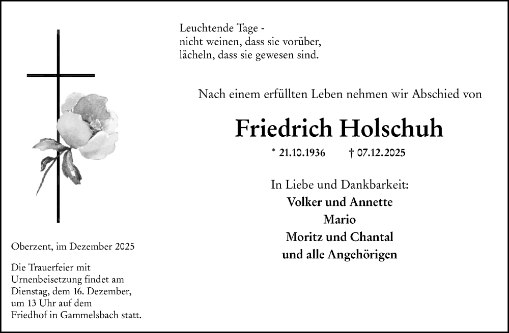  Traueranzeige für Friedrich Holschuh vom 13.12.2025 aus Odenwälder Echo