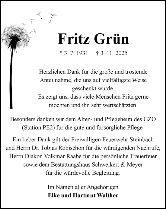 Traueranzeige von Fritz Grün von Odenwälder Echo