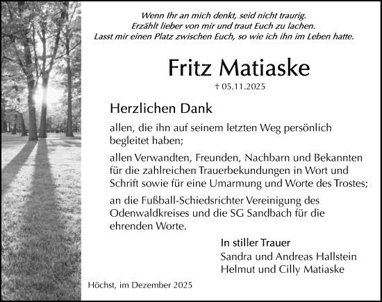 Traueranzeige von Fritz Matiaske von Odenwälder Echo