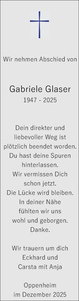  Traueranzeige für Gabriele Glaser vom 13.12.2025 aus Allgemeine Zeitung Mainz