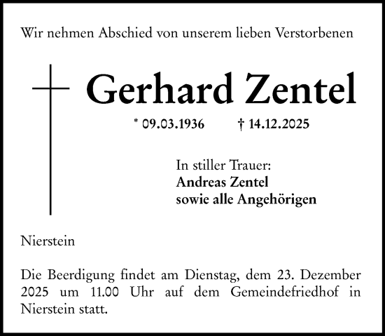 Traueranzeige von Gerhard Zentel von Allgemeine Zeitung Mainz
