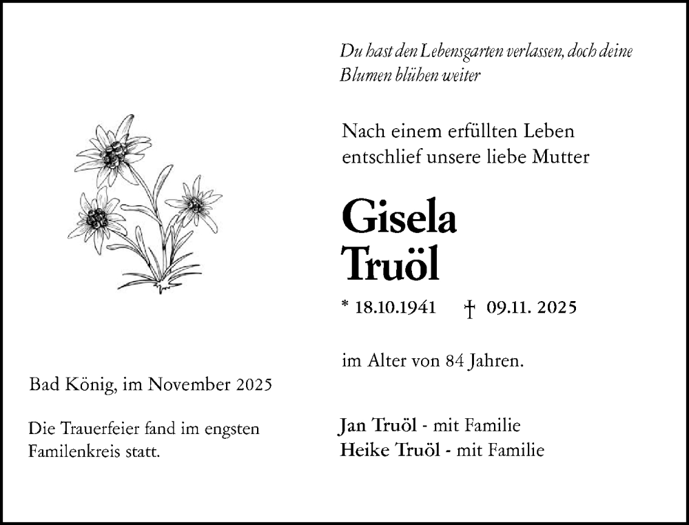  Traueranzeige für Gisela Truöl vom 01.12.2025 aus Odenwälder Echo