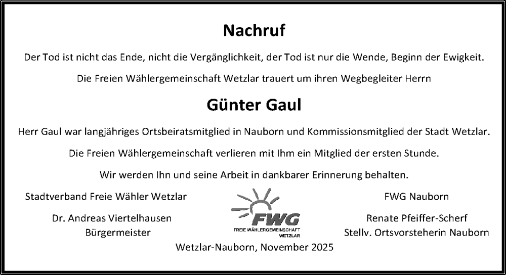  Traueranzeige für Günter Gaul vom 20.12.2025 aus Wetzlarer Neue Zeitung