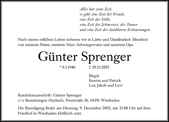Traueranzeige von Günter Sprenger von Wiesbadener Kurier