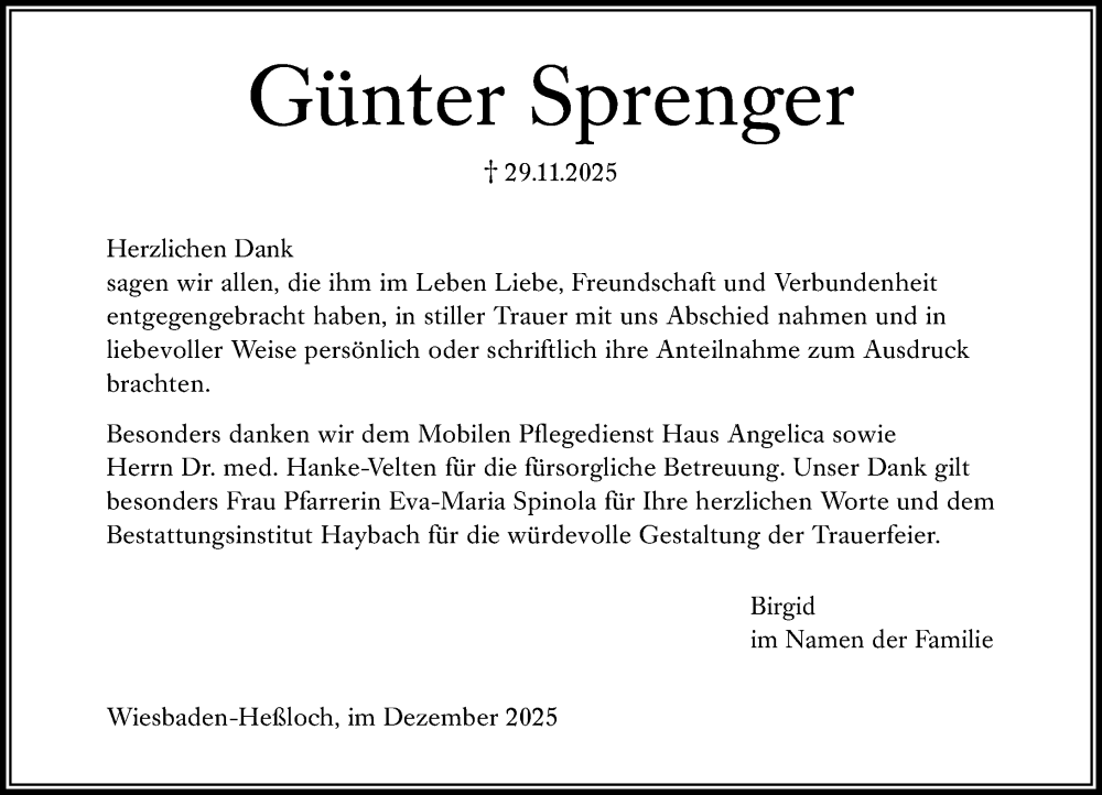  Traueranzeige für Günter Sprenger vom 27.12.2025 aus Wiesbadener Kurier