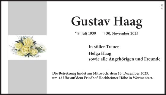 Traueranzeige von Gustav Haag von Wormser Zeitung