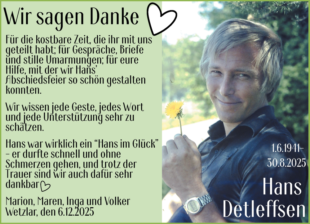  Traueranzeige für Hans Detleffsen vom 06.12.2025 aus Wetzlarer Neue Zeitung