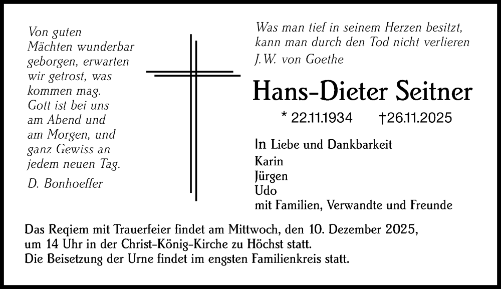  Traueranzeige für Hans-Dieter Seitner vom 06.12.2025 aus Odenwälder Echo