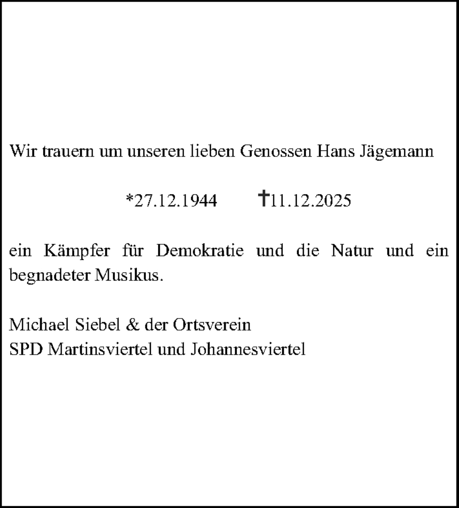 Traueranzeige für Hans Jägemann vom 20.12.2025 aus Darmstädter Echo