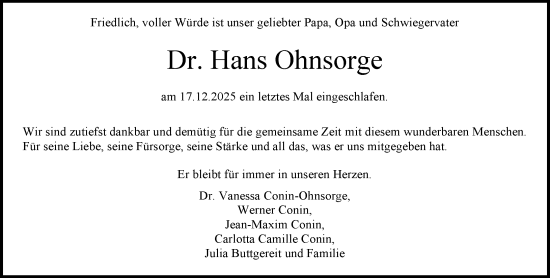Traueranzeige von Hans Ohnsorge von Allgemeine Zeitung Mainz