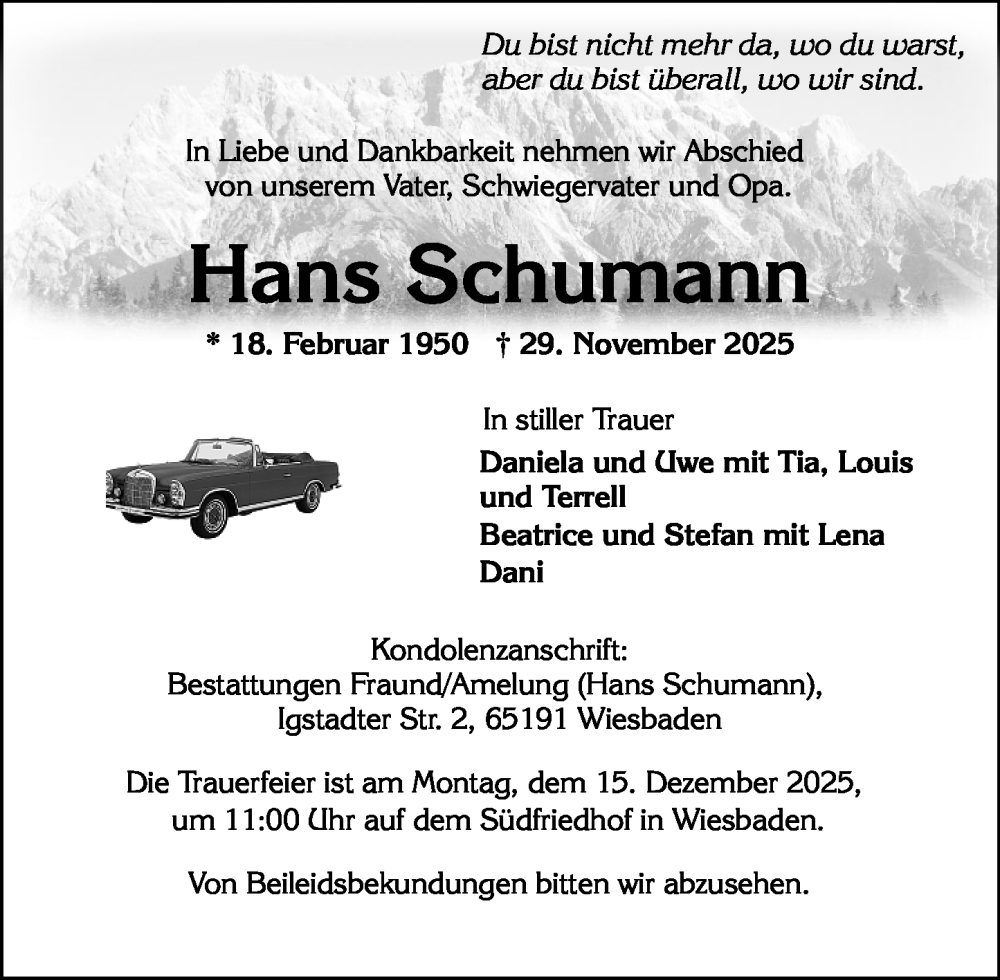  Traueranzeige für Hans Schumann vom 06.12.2025 aus Wiesbadener Kurier