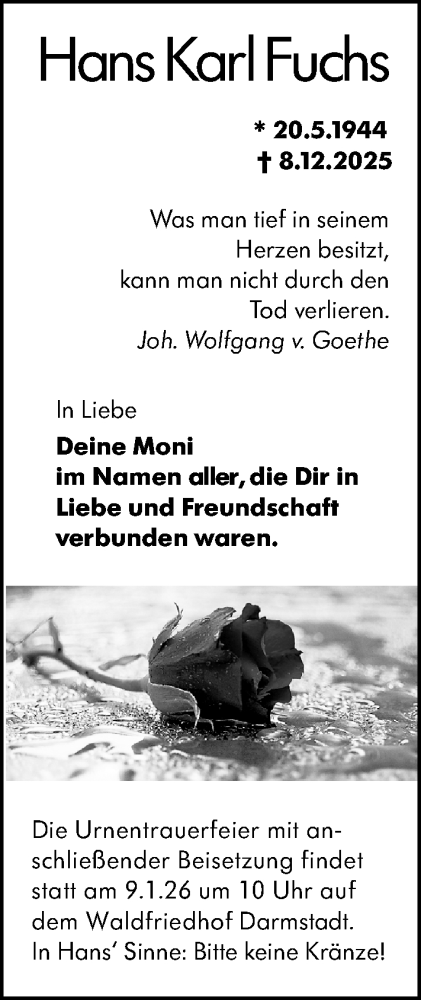  Traueranzeige für Hans Karl Fuchs vom 20.12.2025 aus Darmstädter Echo