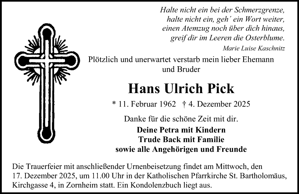  Traueranzeige für Hans Ulrich Pick vom 13.12.2025 aus Allgemeine Zeitung Mainz