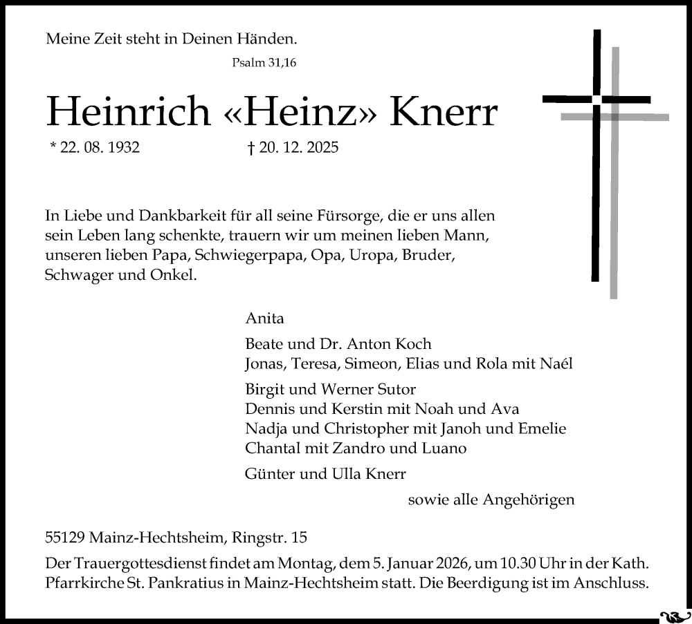  Traueranzeige für Heinrich Knerr vom 27.12.2025 aus Allgemeine Zeitung Mainz