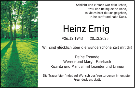 Traueranzeige von Heinz Emig von Odenwälder Echo
