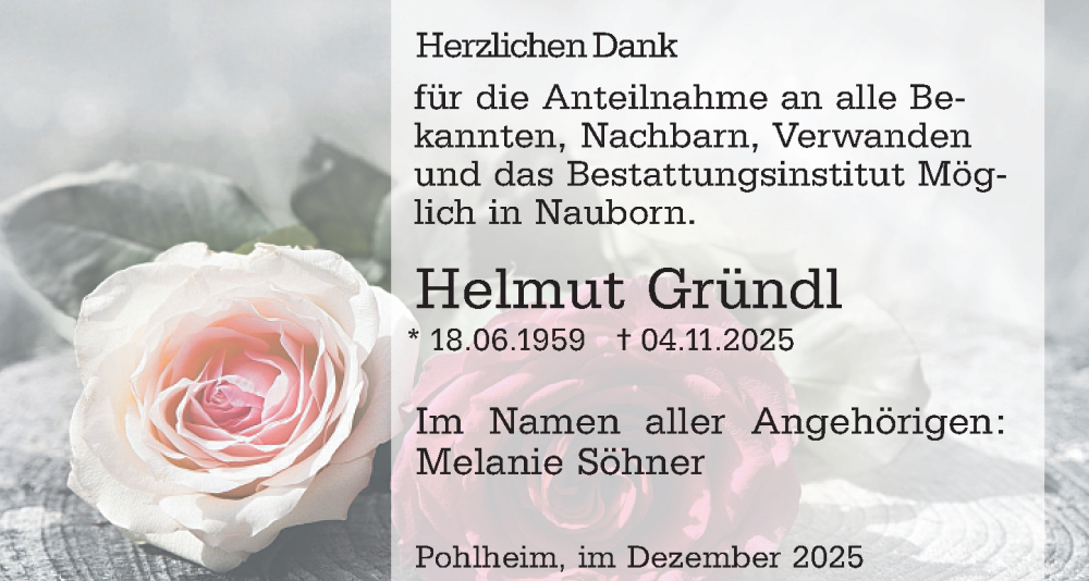  Traueranzeige für Helmut Gründl vom 08.12.2025 aus Wetzlarer Neue Zeitung