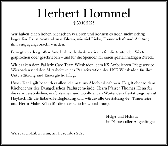 Traueranzeige von Herbert Hommel von Wiesbadener Kurier