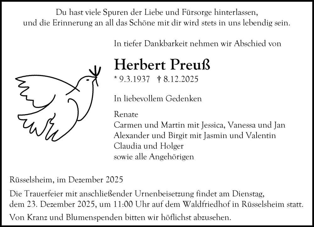  Traueranzeige für Herbert Preuß vom 13.12.2025 aus Rüsselsheimer Echo